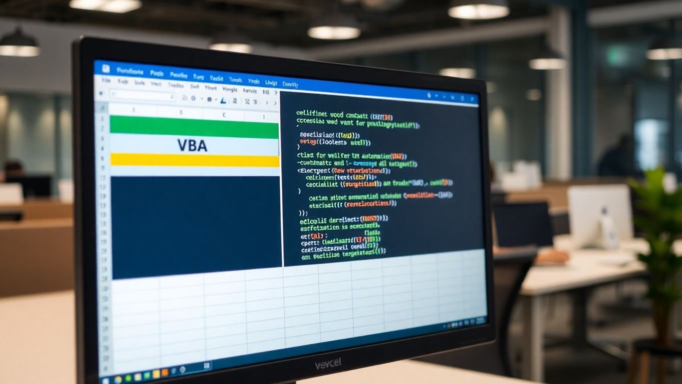 Imagem de um laptop com uma planilha do Excel programando em VBA.