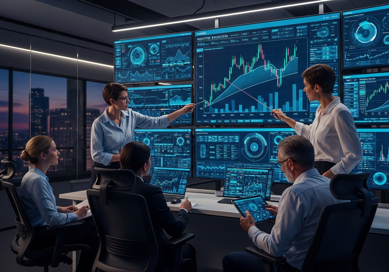 Equipe de finanças analisando gráficos preditivos