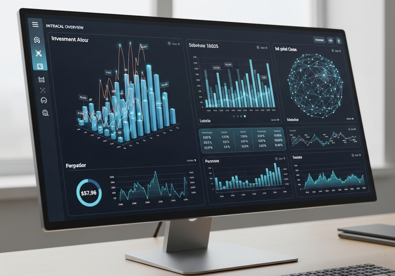 Painel de indicadores financeiros com gráficos 3D interativos