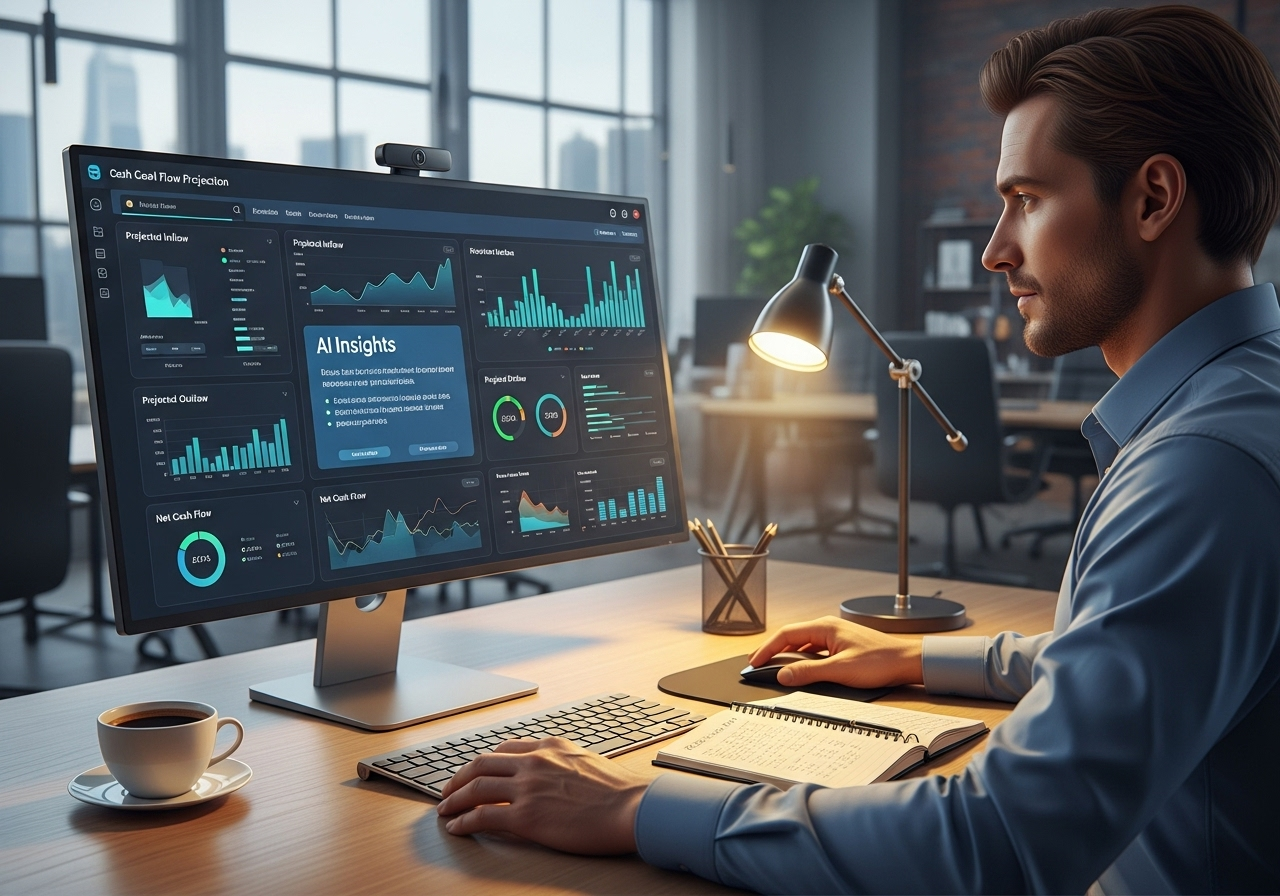 Analista financeiro trabalhando em dashboard de fluxo de caixa